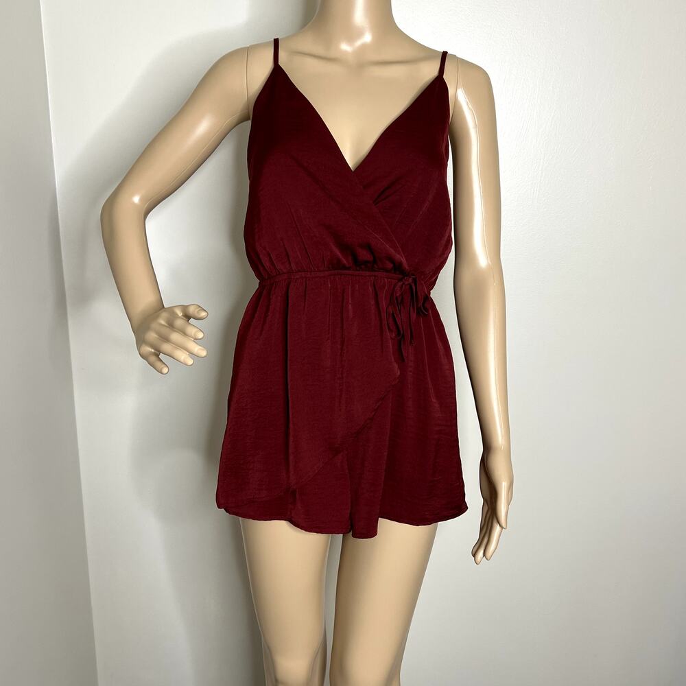 Tobi Maroon Satin Wrap Romper